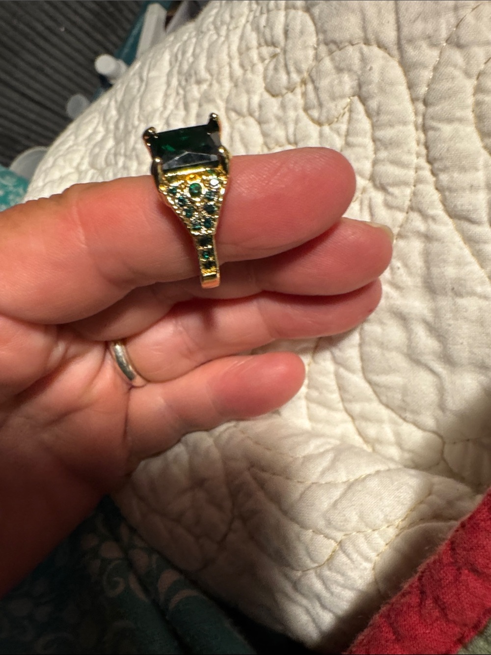 Gold-Tone Ring with Emerald Green Stone